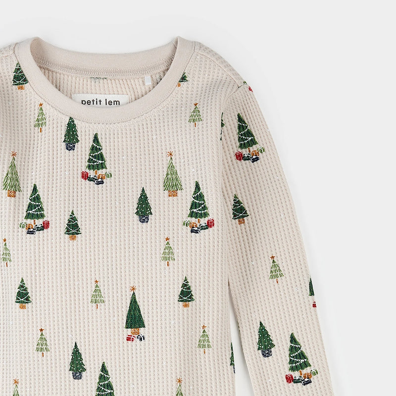 Petit Lem Christmas Tree Print on Cream PJ Set