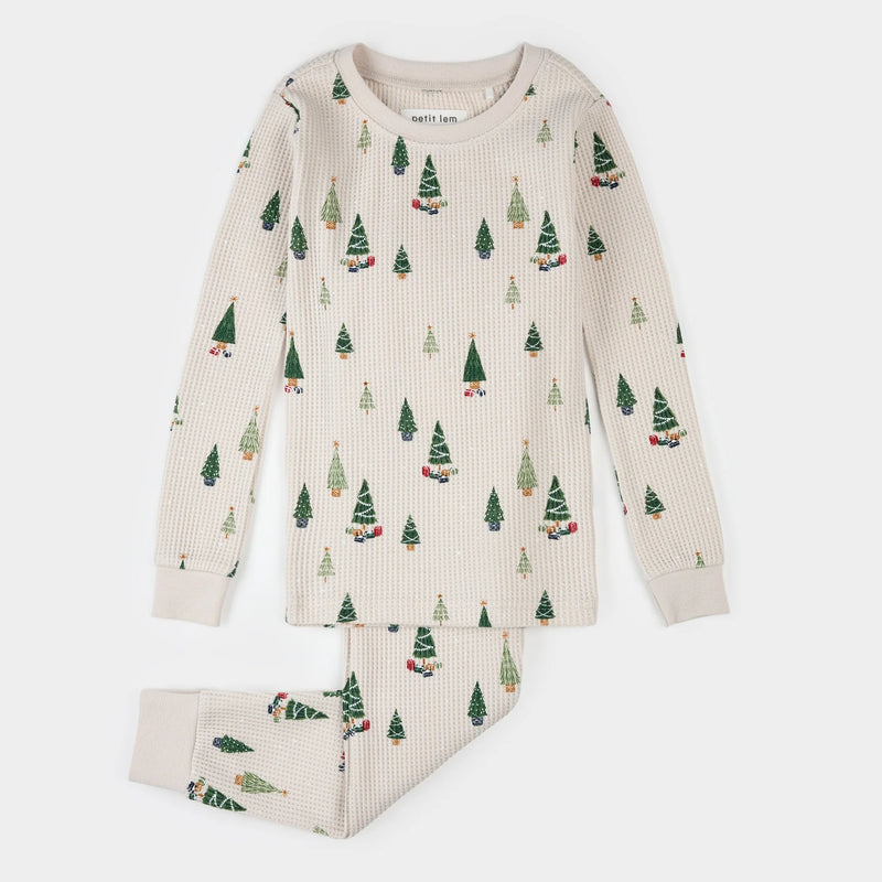 Petit Lem Christmas Tree Print on Cream PJ Set