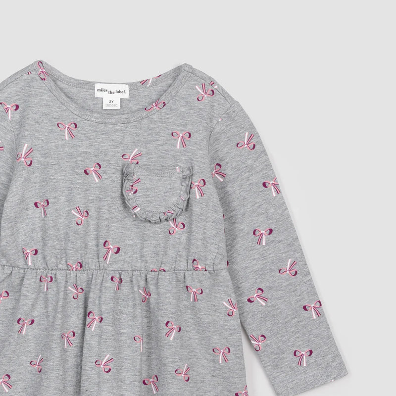 Miles The Label - Ribbon Bows Print On Heather Grey Dress - FINAL SALE