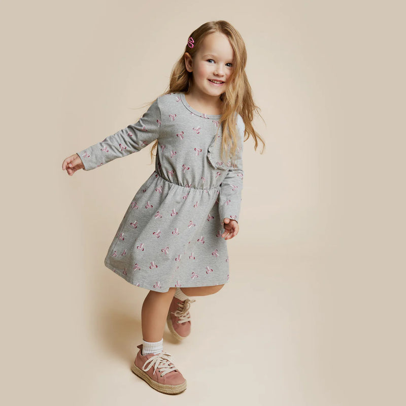 Miles The Label - Ribbon Bows Print On Heather Grey Dress