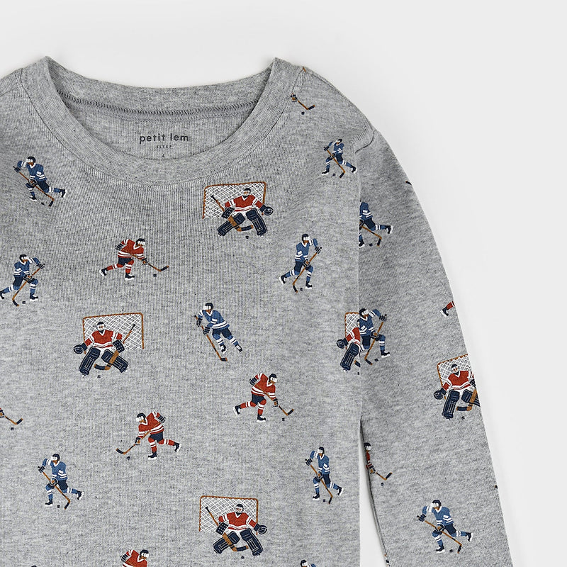 Petit Lem Hockey Player Print on Heather Grey PJ Set