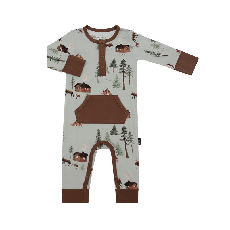 Belan J Long Sleeve Pocket Romper Moose on Green - FINAL SALE