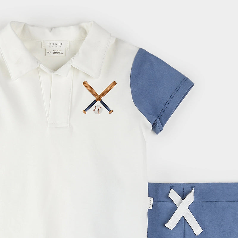Petit Lem Baseball Print Polo Short Set