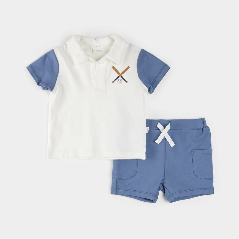 Petit Lem Baseball Print Polo Short Set