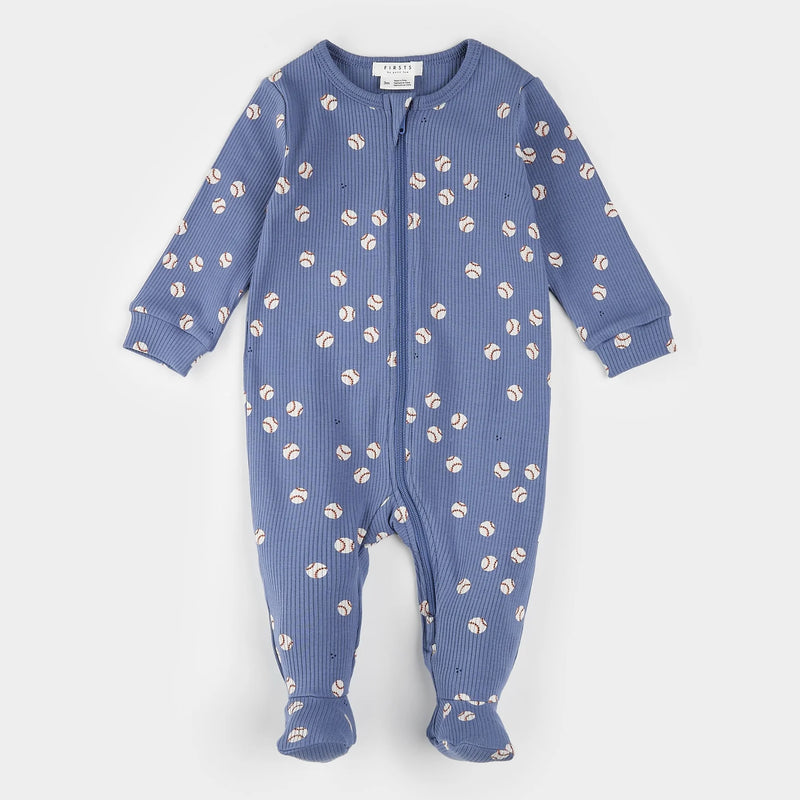 Petit Lem Baseball Print on Ribbed Royal Blue Footed Sleeper