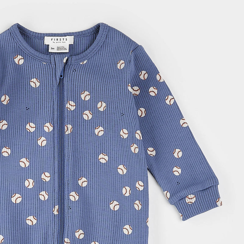 Petit Lem Baseball Print on Ribbed Royal Blue Footed Sleeper