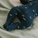 Petit Lem Grasshopper Print on Ribbed Royal Blue Footed Sleeper