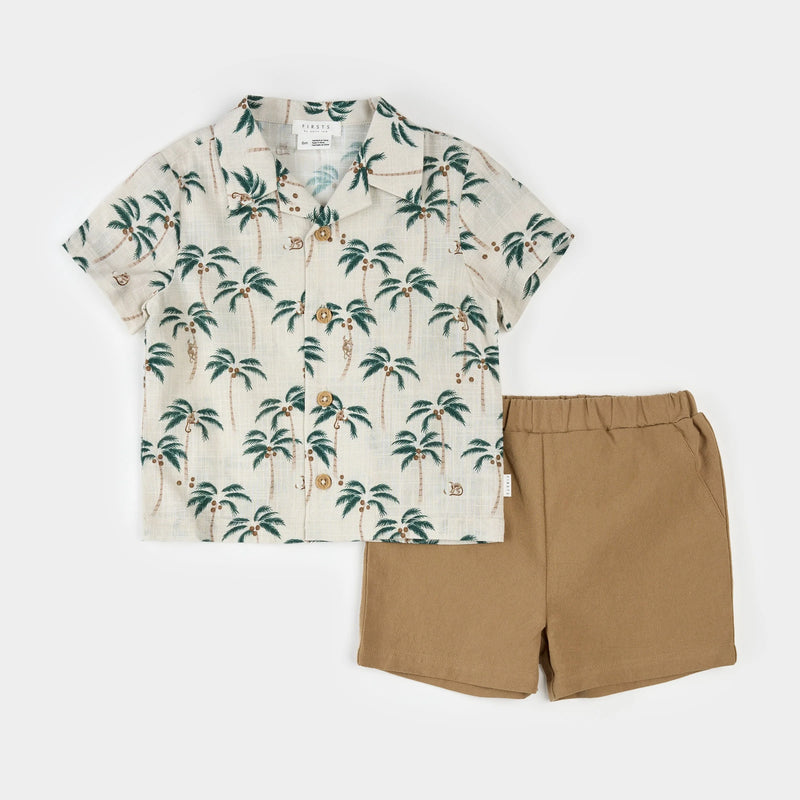 Petit Lem Palm Trees Cross Hatch Camp Shirt Set