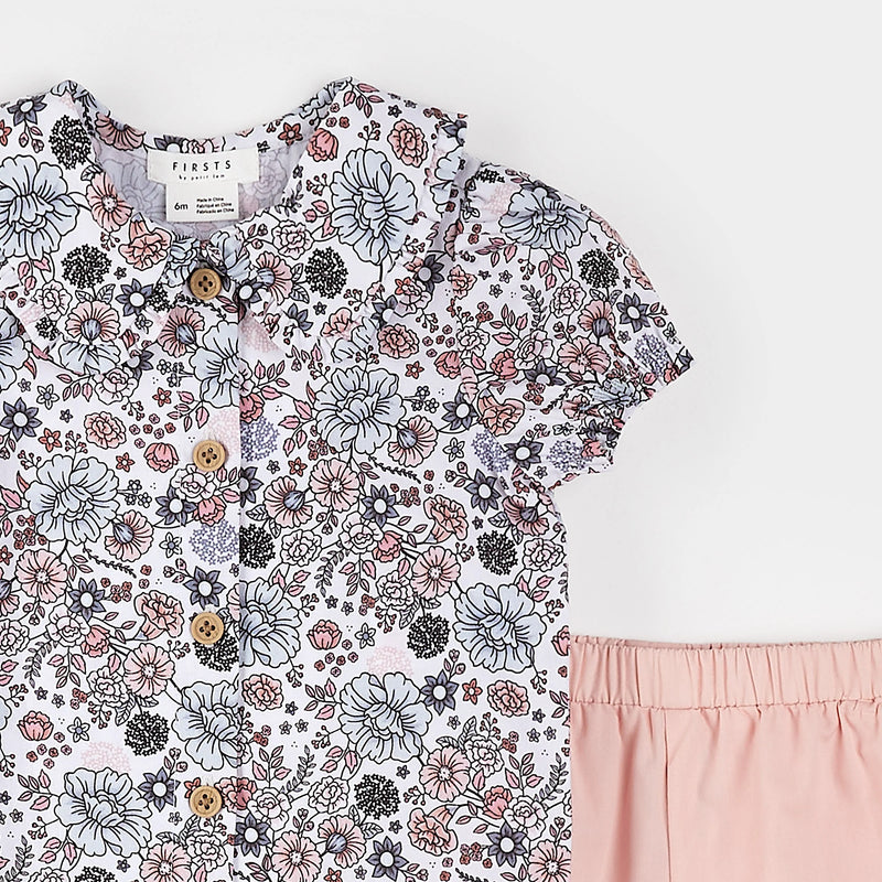 Petit Lem Vintage Flowers Poplin Shirt & Short Set