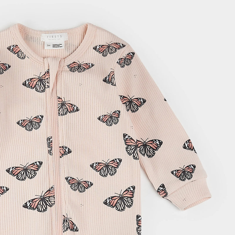 Petit Lem Monarch Print on Ribbed Cherry Blossom Footed Sleeper