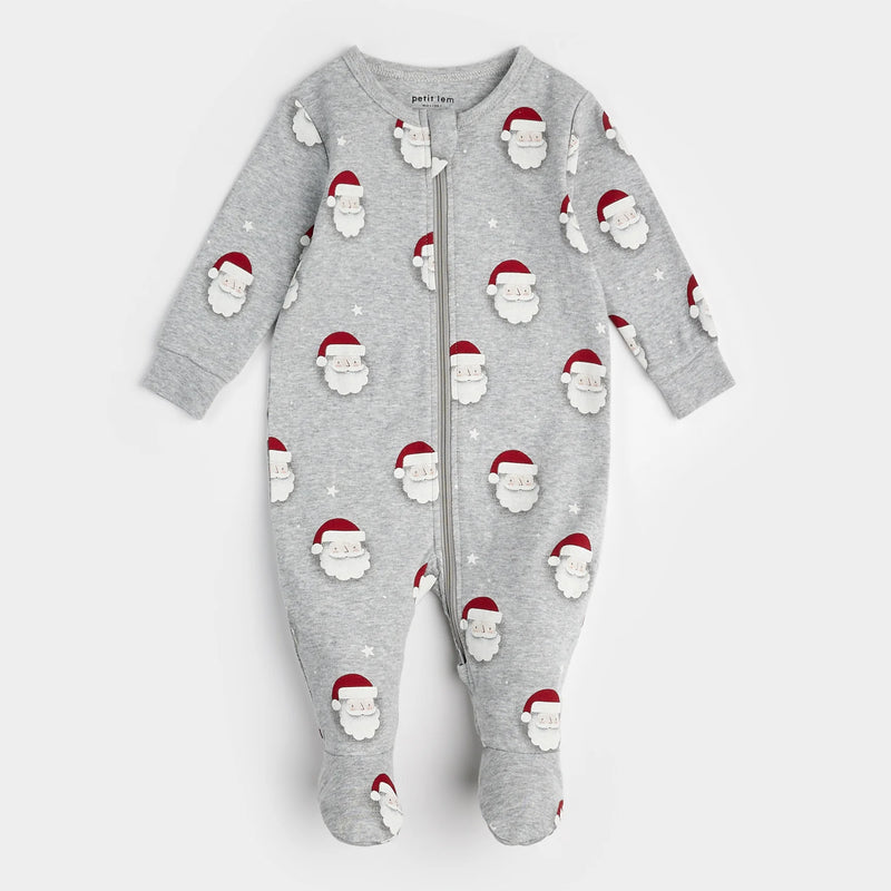Petit Lem Santa Print on Heather Grey Sleeper