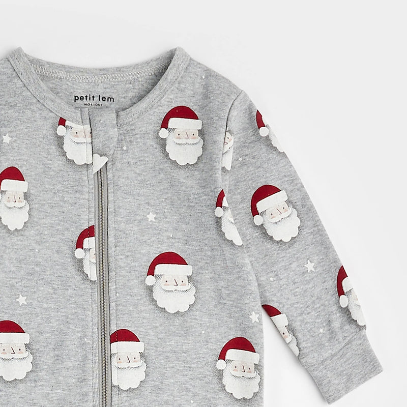 Petit Lem Santa Print on Heather Grey Sleeper