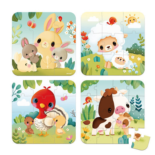 Janod - 4 in 1 Progressive Puzzles Farm Animals