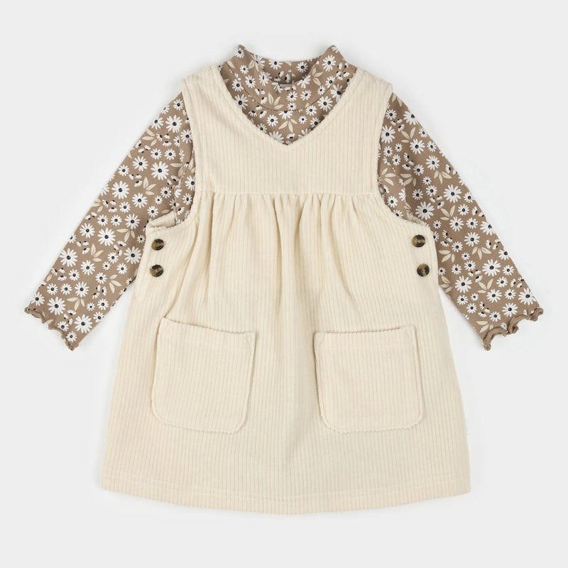 Petit Lem Daisy Print Overall Corduroy Dress Set