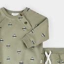Petit Lem Seaplane Print on Fall Green Outfit Set