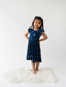Belan J Ruffled Sleeve Twirl Dress Blueberries FINAL SALE