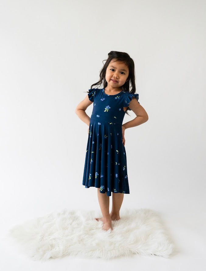 Belan J Ruffled Sleeve Twirl Dress Blueberries
