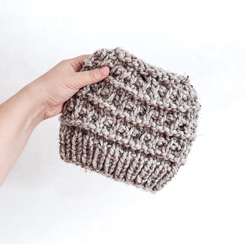 Rough Bark Knits -Adult Messy Bun Hat Grey Tweed